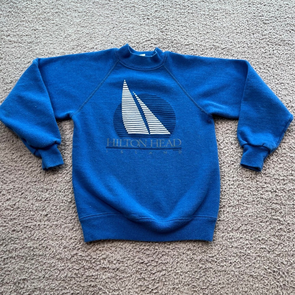 Vintage 80s Hilton Head Island Sailboat Sweatshirt Kids S 6-8 Blue USA
